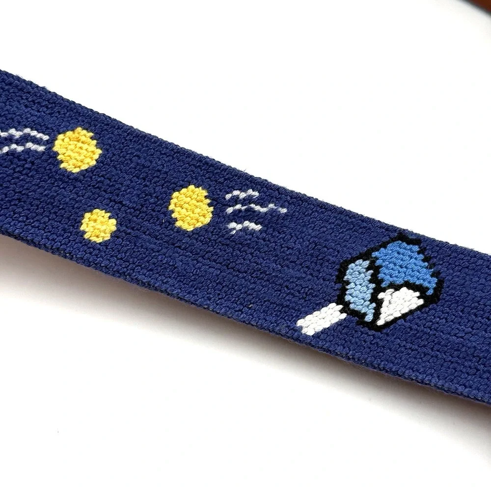 Smathers & Branson Brown Leather Belt Mens 36 Blue Wacky Pickleball Needlepoint